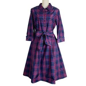 Talbots Shirt Dress Plaid Silk A-Line Lined Midi Dress 10 Belted Button Front